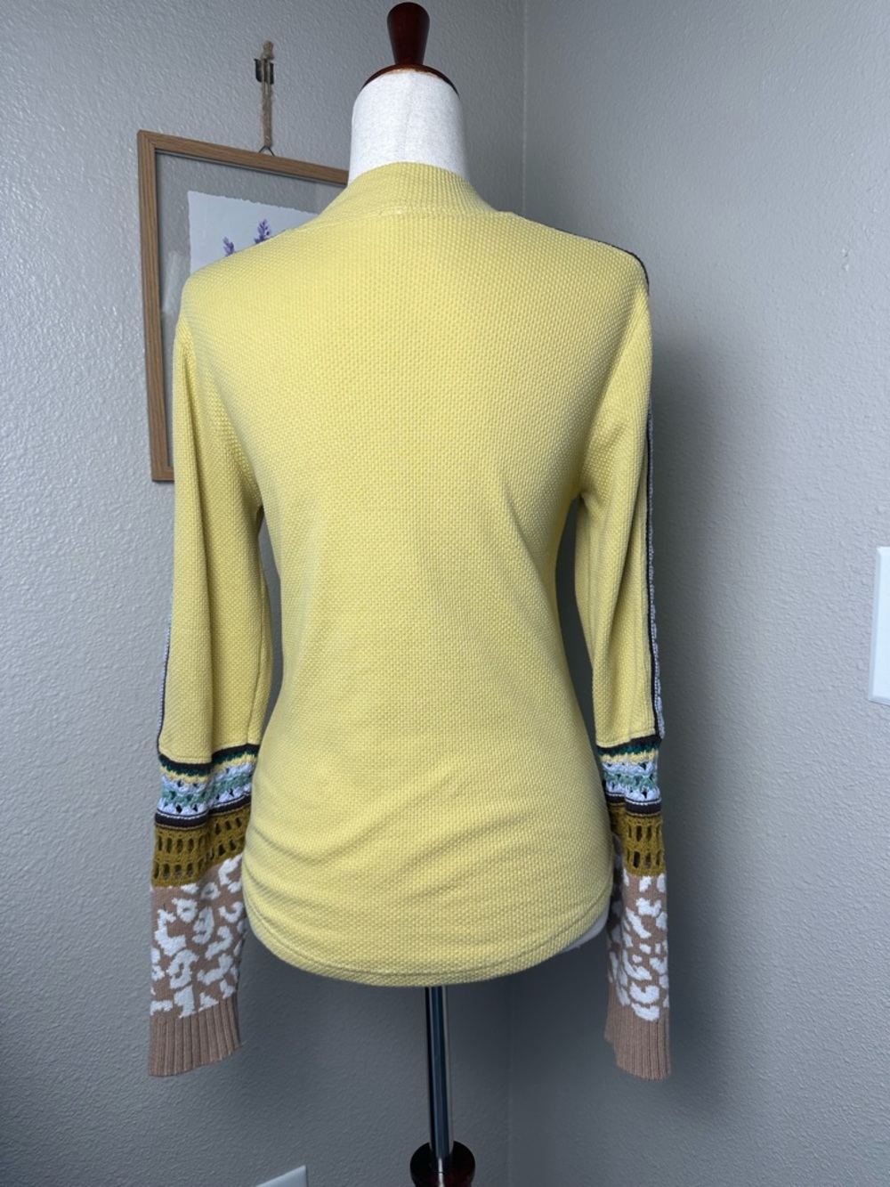Free People Switch It Up Top Womens M Yellow Thermal Knit Crochet Sleeve Boho - Picture 6 of 7